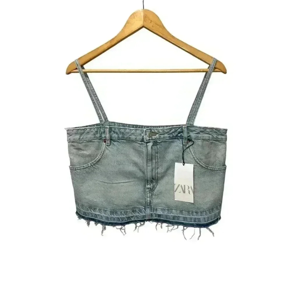 ZARA Denim Jean Cropped Pants Top Spaghetti Straps Size Large Bloggers Blue Wash - Picture 8 of 9